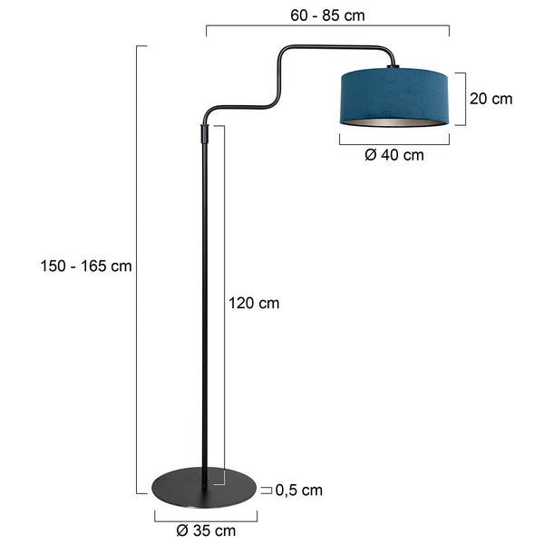 Zwarte vloerlamp Bloeba 4169ZW met blauw velours kap