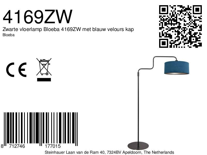 Zwarte vloerlamp Bloeba 4169ZW met blauw velours kap