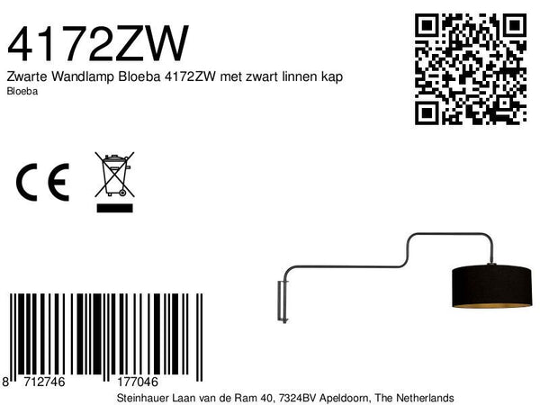 Zwarte Wandlamp Bloeba 4172ZW met zwart linnen kap