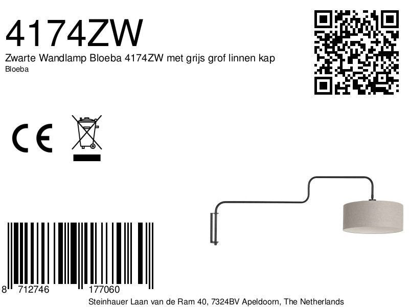 Zwarte Wandlamp Bloeba 4174ZW met grijs grof linnen kap