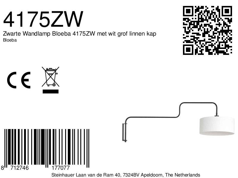 Zwarte Wandlamp Bloeba 4175ZW met wit grof linnen kap
