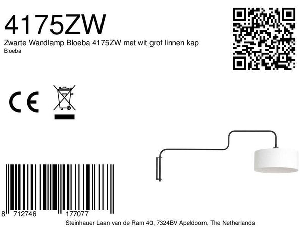 Zwarte Wandlamp Bloeba 4175ZW met wit grof linnen kap