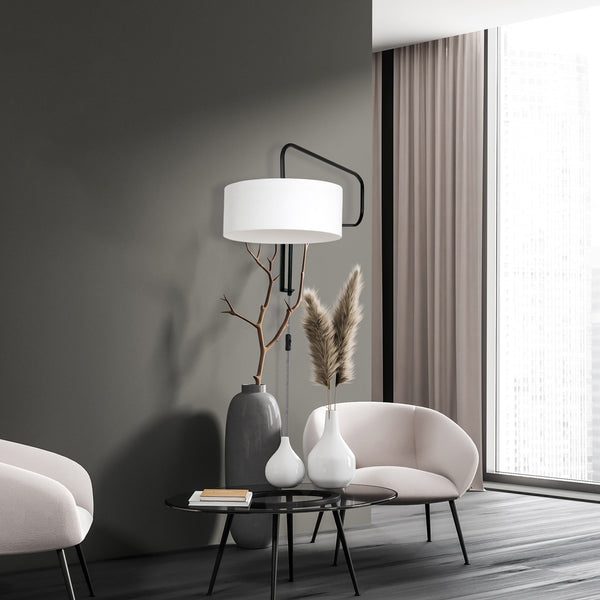 Zwarte Wandlamp Bloeba 4175ZW met wit grof linnen kap