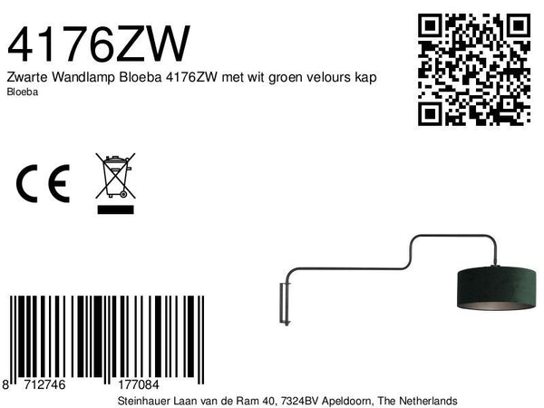 Zwarte Wandlamp Bloeba 4176ZW met wit groen velours kap