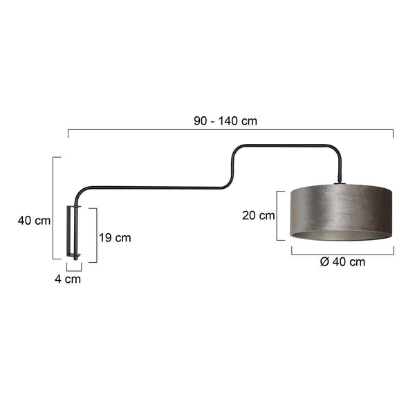 Zwarte Wandlamp Bloeba 4178ZW met grijs velours kap