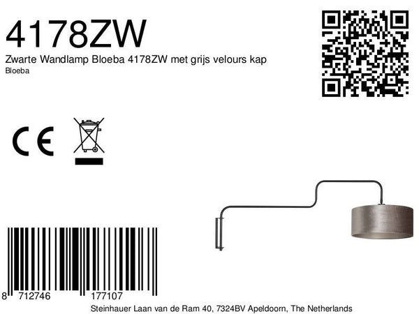 Zwarte Wandlamp Bloeba 4178ZW met grijs velours kap
