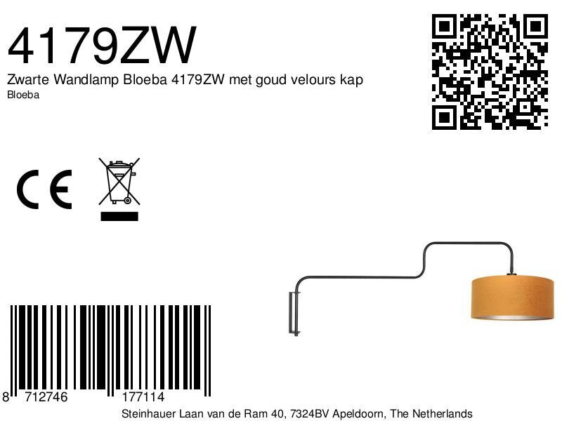 Zwarte Wandlamp Bloeba 4179ZW met goud velours kap