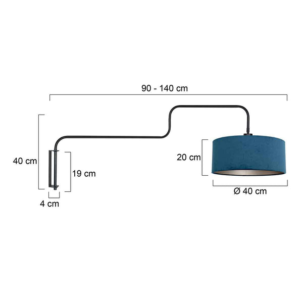 Zwarte Wandlamp Bloeba 4180ZW met blauw velours kap