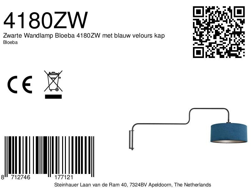 Zwarte Wandlamp Bloeba 4180ZW met blauw velours kap