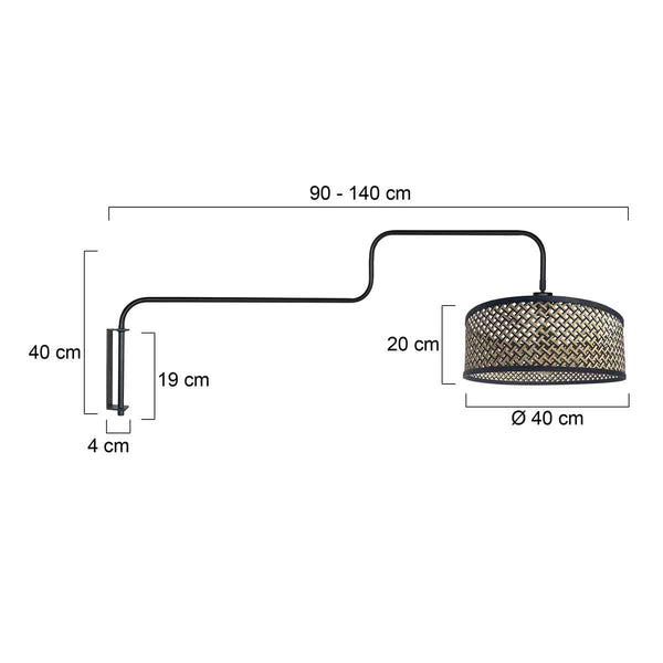 Zwarte Wandlamp Bloeba 4181ZW met naturel / zwart bamboe kap