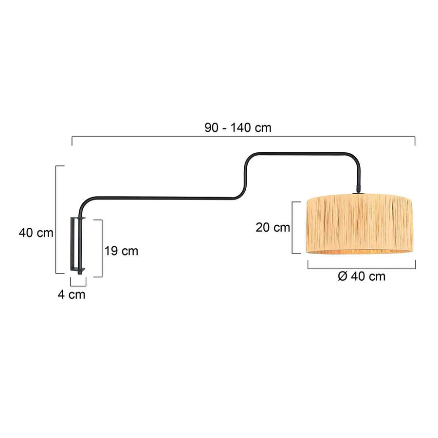 Zwarte Wandlamp Bloeba 4182ZW met naturel gras kap