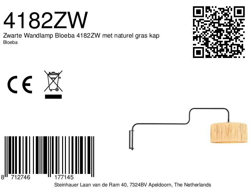 Zwarte Wandlamp Bloeba 4182ZW met naturel gras kap