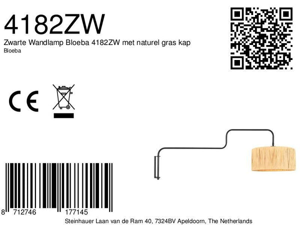 Zwarte Wandlamp Bloeba 4182ZW met naturel gras kap