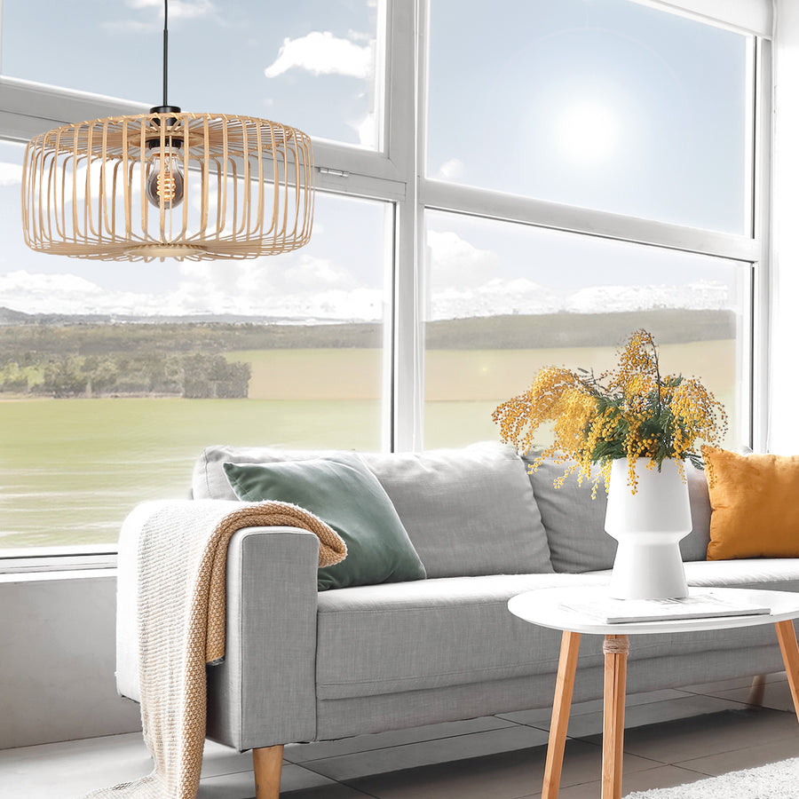 Zwarte hanglamp Sparkled Light 4184ZW met blank bamboe kap