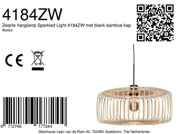Zwarte hanglamp Sparkled Light 4184ZW met blank bamboe kap