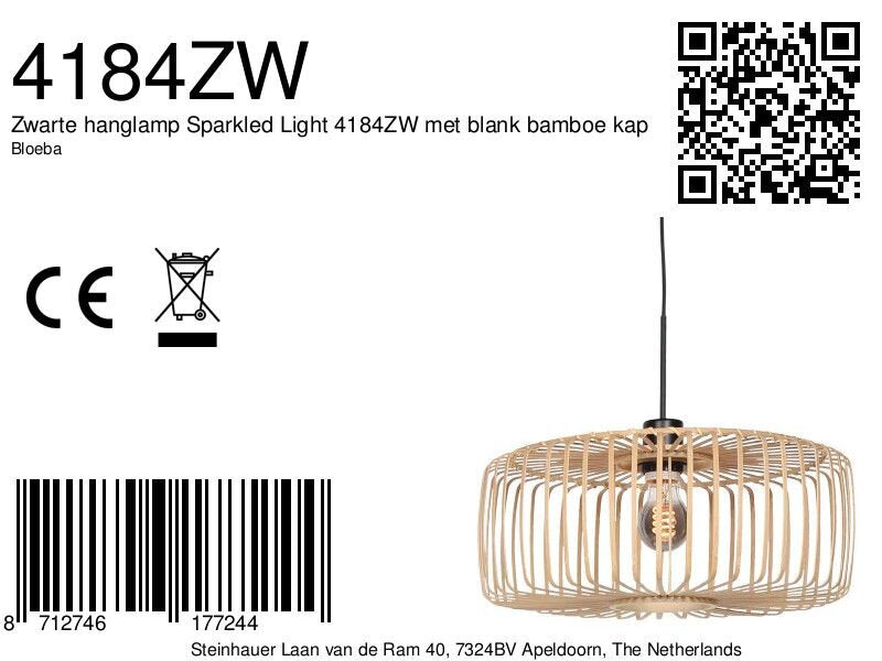 Zwarte hanglamp Sparkled Light 4184ZW met blank bamboe kap