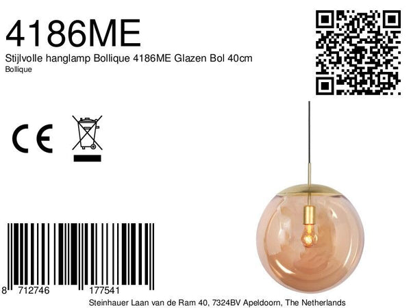 Stijlvolle hanglamp Bollique 4186ME Glazen Bol 40cm