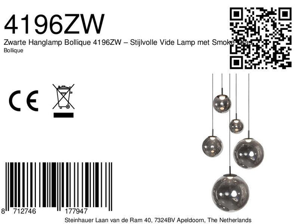 Zwarte Hanglamp Bollique 4196ZW – Stijlvolle Vide Lamp met Smoke Glas