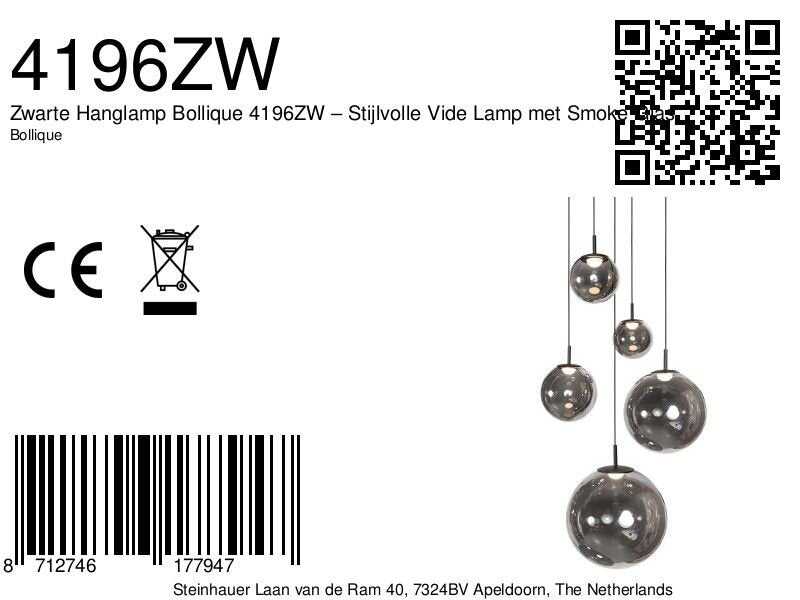 Zwarte Hanglamp Bollique 4196ZW – Stijlvolle Vide Lamp met Smoke Glas