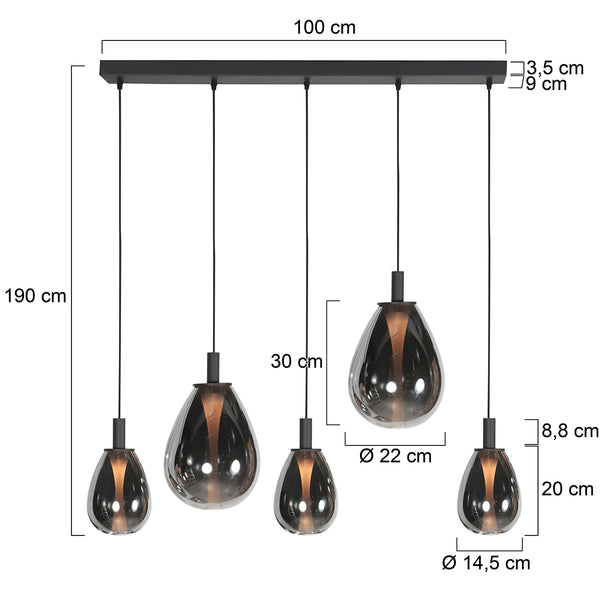 5-lichts Hanglamp 4197ZW – Zwart met Smoke Glas