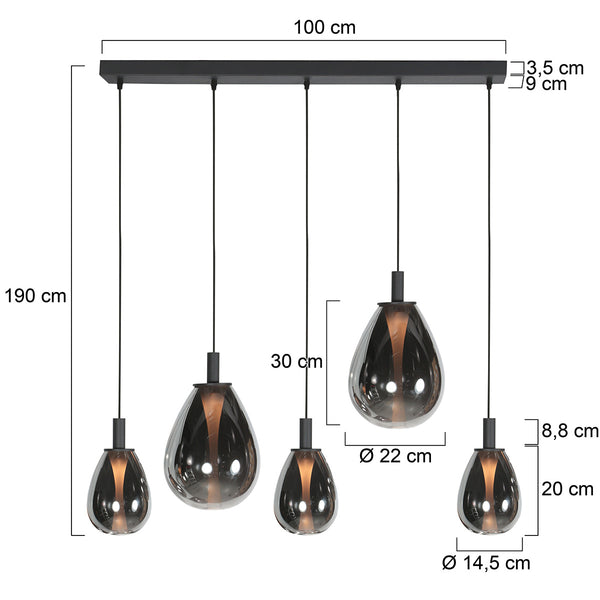 5-lichts Hanglamp 4197ZW – Zwart met Smoke Glas