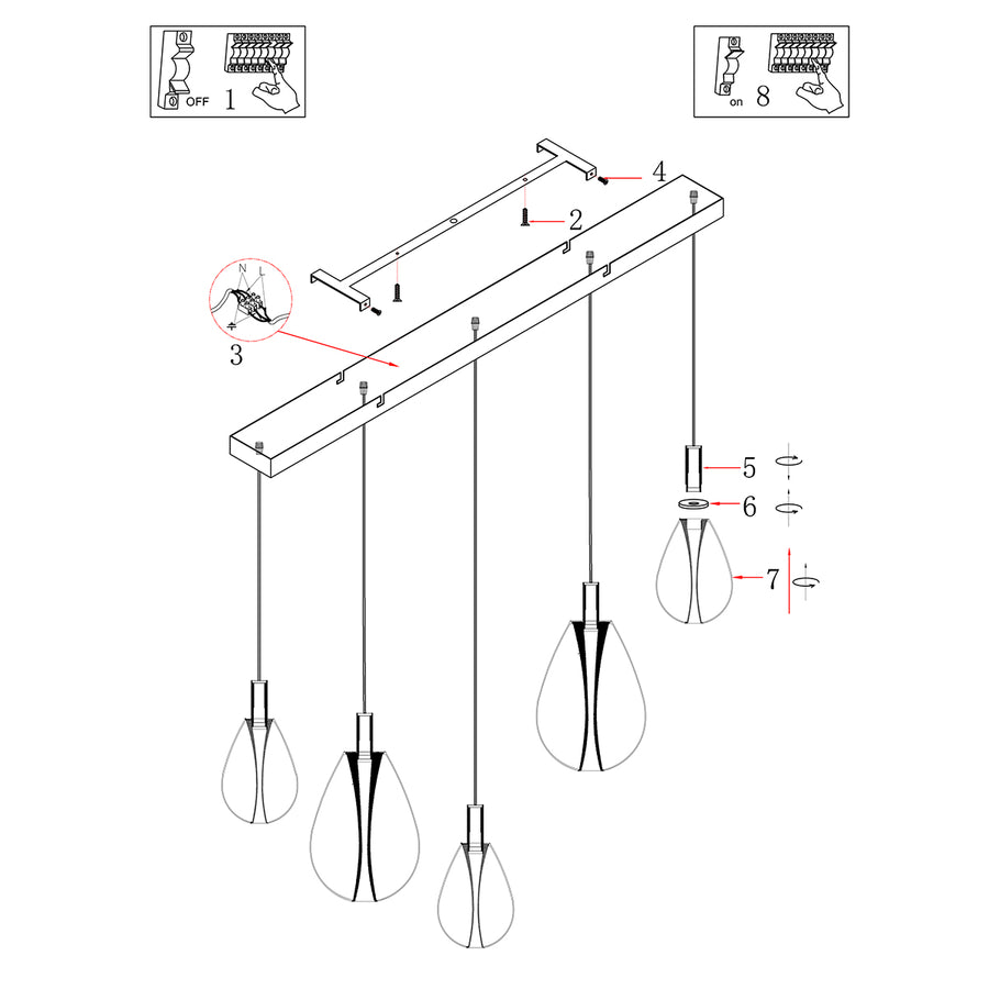 5-lichts Hanglamp 4197ZW – Zwart met Smoke Glas