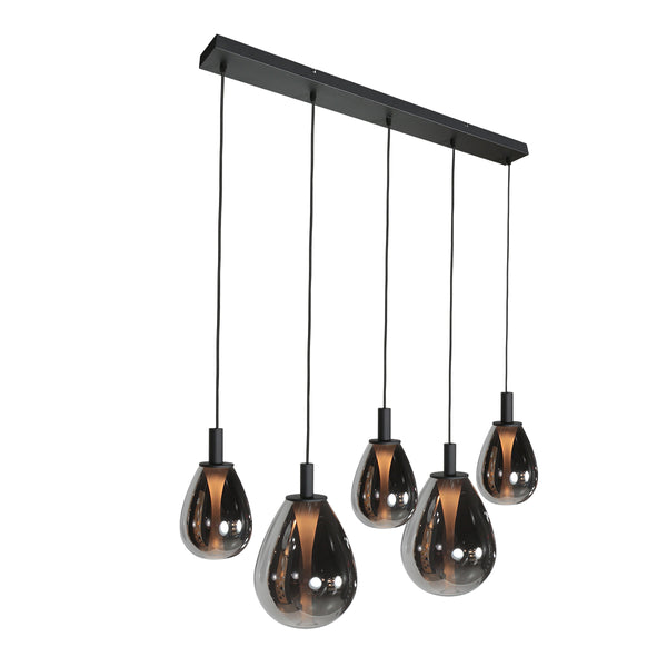 5-lichts Hanglamp 4197ZW – Zwart met Smoke Glas