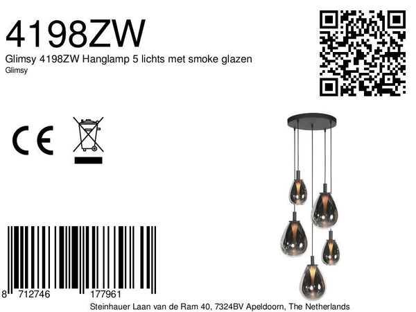 Glimsy 4198ZW Hanglamp 5 lichts met smoke glazen