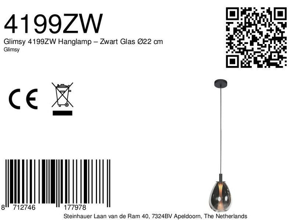 Glimsy 4199ZW Hanglamp – Zwart Glas Ø22 cm