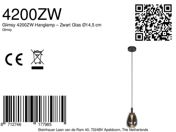 Glimsy 4200ZW Hanglamp – Zwart Glas Ø14,5 cm