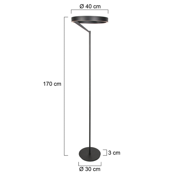 Ronde zwarte vloerlamp Mykty 4201ZW – Ø40 cm, 170 cm hoog, 5200 lumen, met vloerdimmer