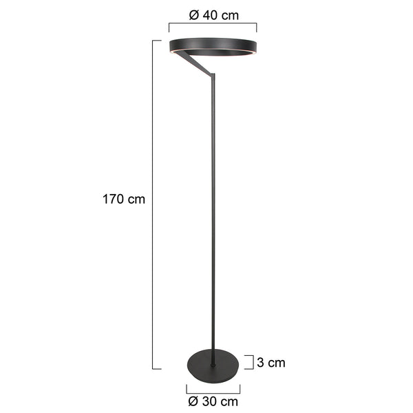 Ronde zwarte vloerlamp Mykty 4201ZW – Ø40 cm, 170 cm hoog, 5200 lumen, met vloerdimmer