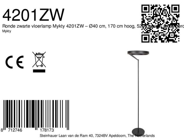 Ronde zwarte vloerlamp Mykty 4201ZW – Ø40 cm, 170 cm hoog, 5200 lumen, met vloerdimmer