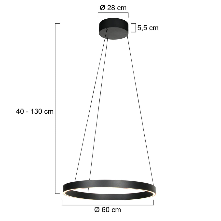 Ronde zwarte hanglamp Mykty 4203ZW – 60 cm diameter, in hoogte verstelbaar met Cable Lift, 7800 lumen
