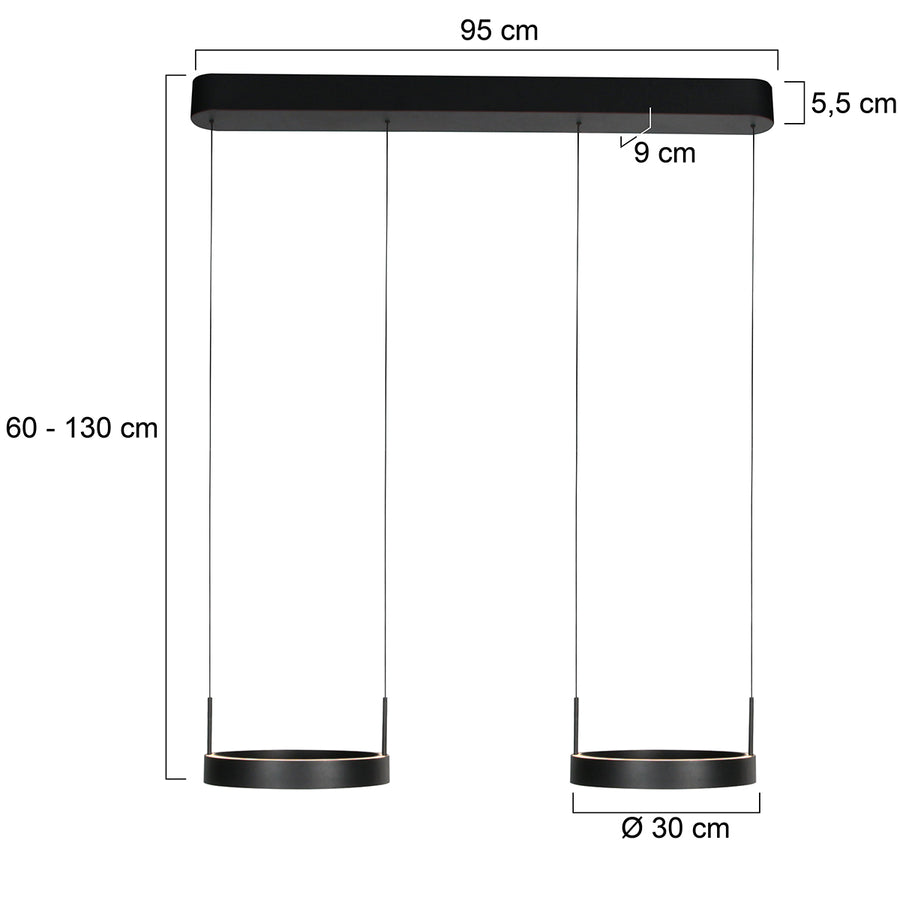 Zwarte hanglamp Mykty 4204 – Twee zwevende cirkels, individueel in hoogte verstelbaar, 6000 lumen, 2700K