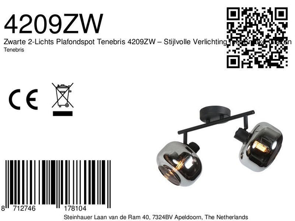 Zwarte 2-lichts plafondspot tenebris 4209zw – stijlvolle verlichting met smoke glazen