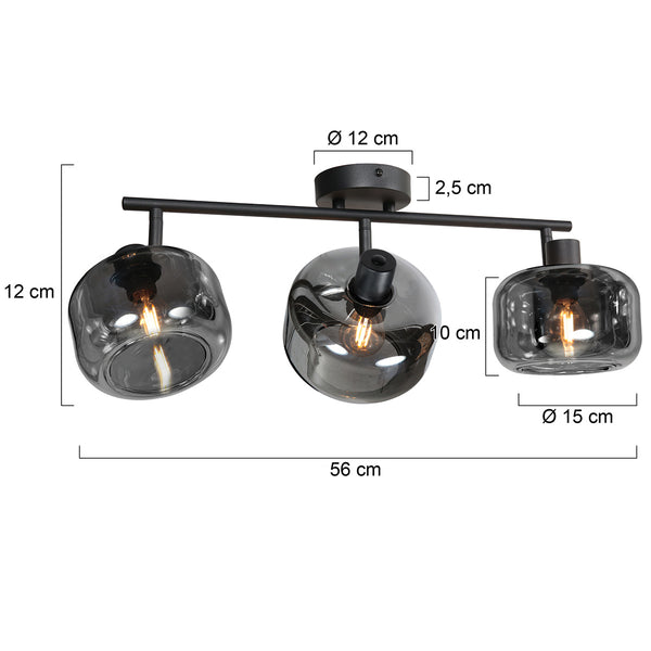 Zwarte 3-lichts plafondspot tenebris 4210zw – stijlvolle verlichting met smoke glas