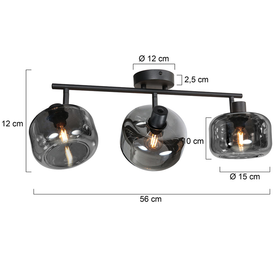 Zwarte 3-lichts plafondspot tenebris 4210zw – stijlvolle verlichting met smoke glas