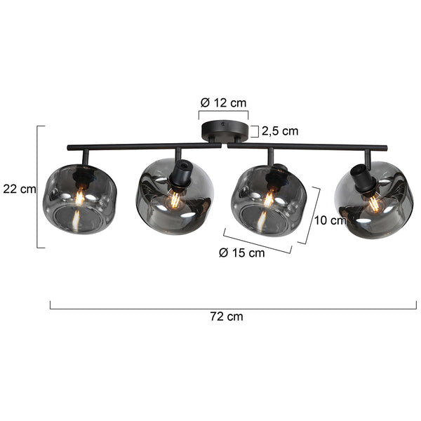 Zwarte 4-lichts plafondspot tenebris 4211zw – stijlvolle verlichting met smoke glas