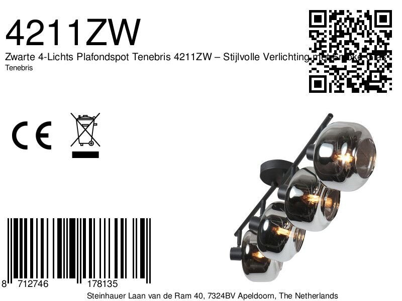 Zwarte 4-lichts plafondspot tenebris 4211zw – stijlvolle verlichting met smoke glas