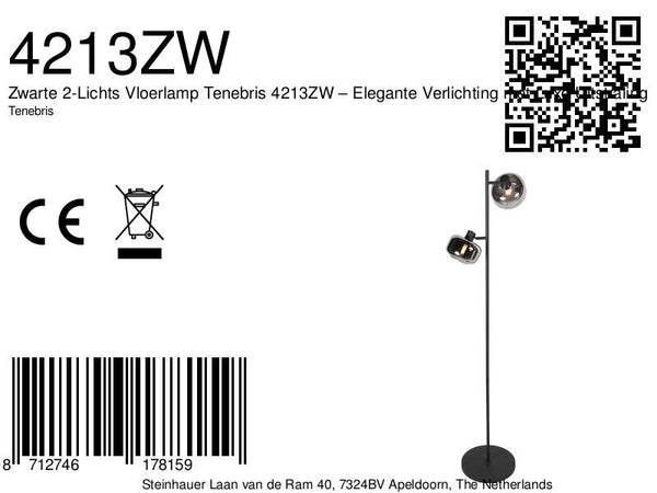 Zwarte 2-lichts vloerlamp tenebris 4213zw – elegante verlichting met luxe uitstraling