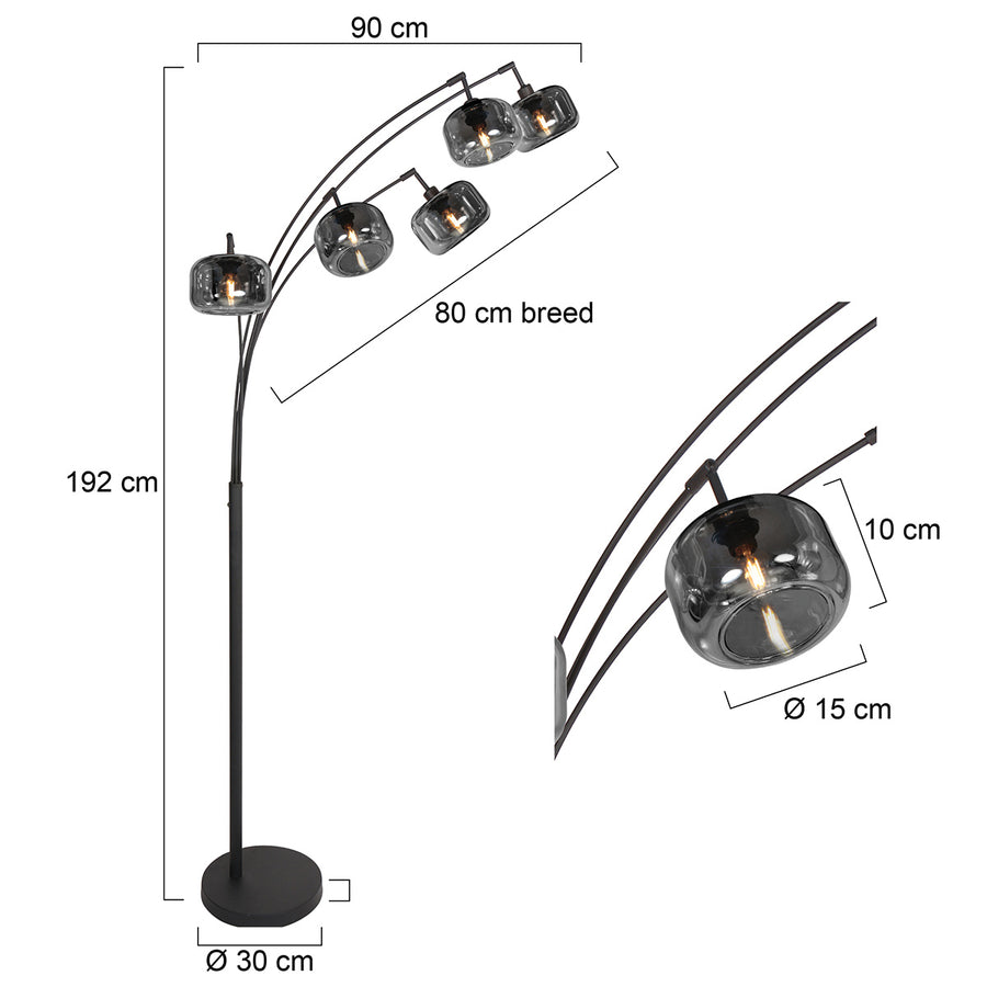 Zwarte 5-lichts vloerlamp tenebris 4214zw – luxe en sfeervolle verlichting