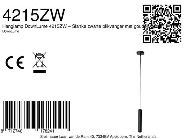 Hanglamp DownLume 4215ZW – Slanke zwarte blikvanger met gouden detail