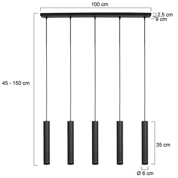 Zwarte vijflichts Hanglamp DownLume 4216ZW met GU10 fitting