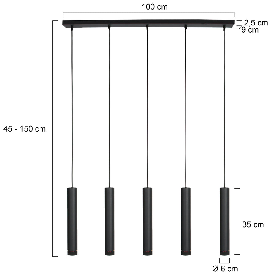 Zwarte vijflichts Hanglamp DownLume 4216ZW met GU10 fitting