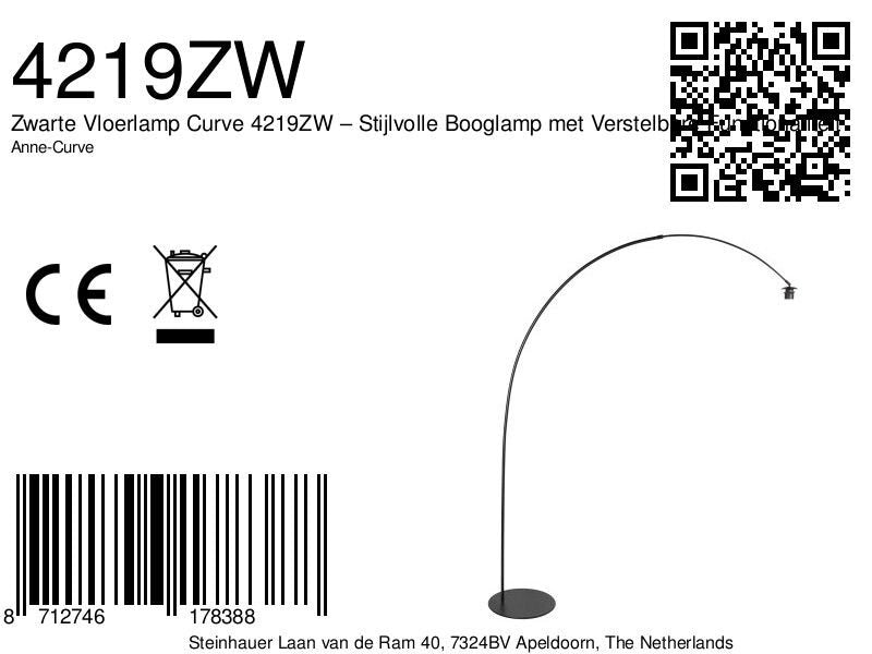 Zwarte vloerlamp curve 4219zw – stijlvolle booglamp met verstelbare functionaliteit
