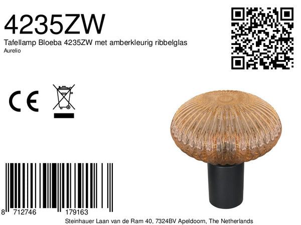 Tafellamp aurelio 4235zw met geribbeld amber ufo glas sfeervol