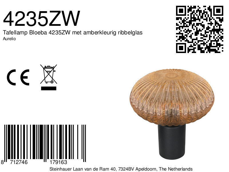 Tafellamp aurelio 4235zw met geribbeld amber ufo glas sfeervol