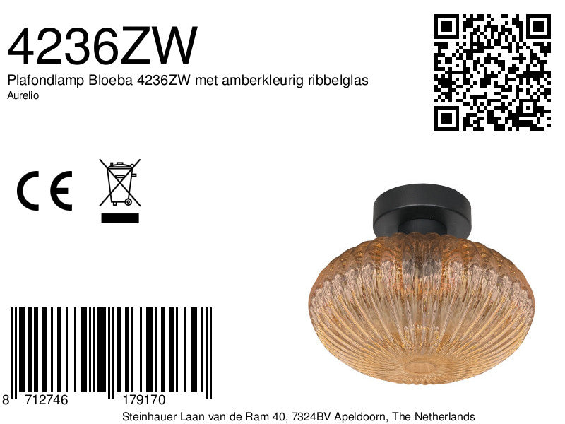 Plafondlamp aurelio 4236zw – met amberkleurig ufo ribbelglas