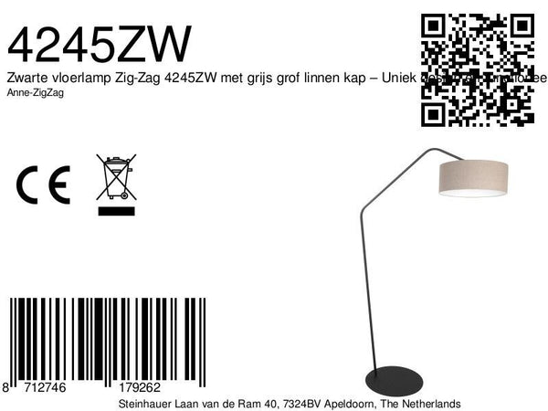 Zwarte vloerlamp zig-zag 4245zw met grijs grof linnen kap – uniek design en functioneel gebruik